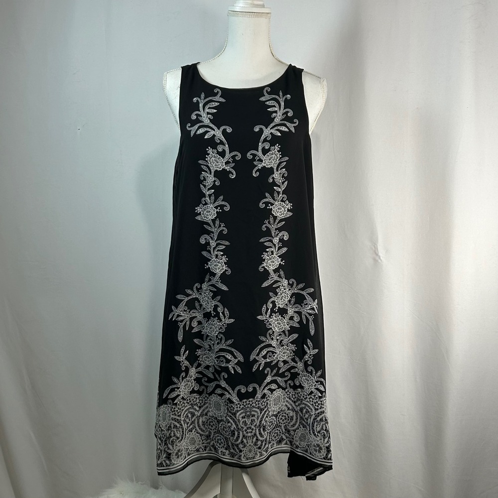 Max Studio Black White Floral Embroidered Shift‎ Dress Size M Sleeveless